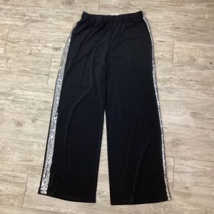 JM Studios Women’s Black Palazzo Pants Gartered Waistband side Silver Sequins